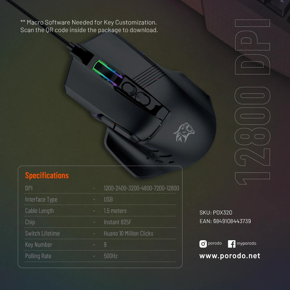 Porodo 12800 DPI Programmable Gaming Mouse