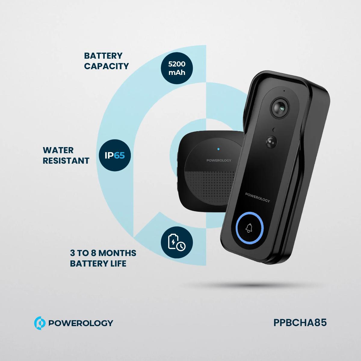 Powerology Smart WiFi Video Doorbell + Wireless Chime