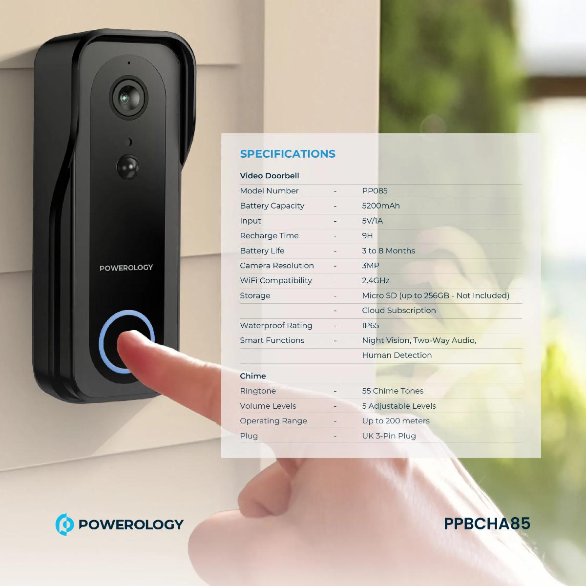 Powerology Smart WiFi Video Doorbell + Wireless Chime