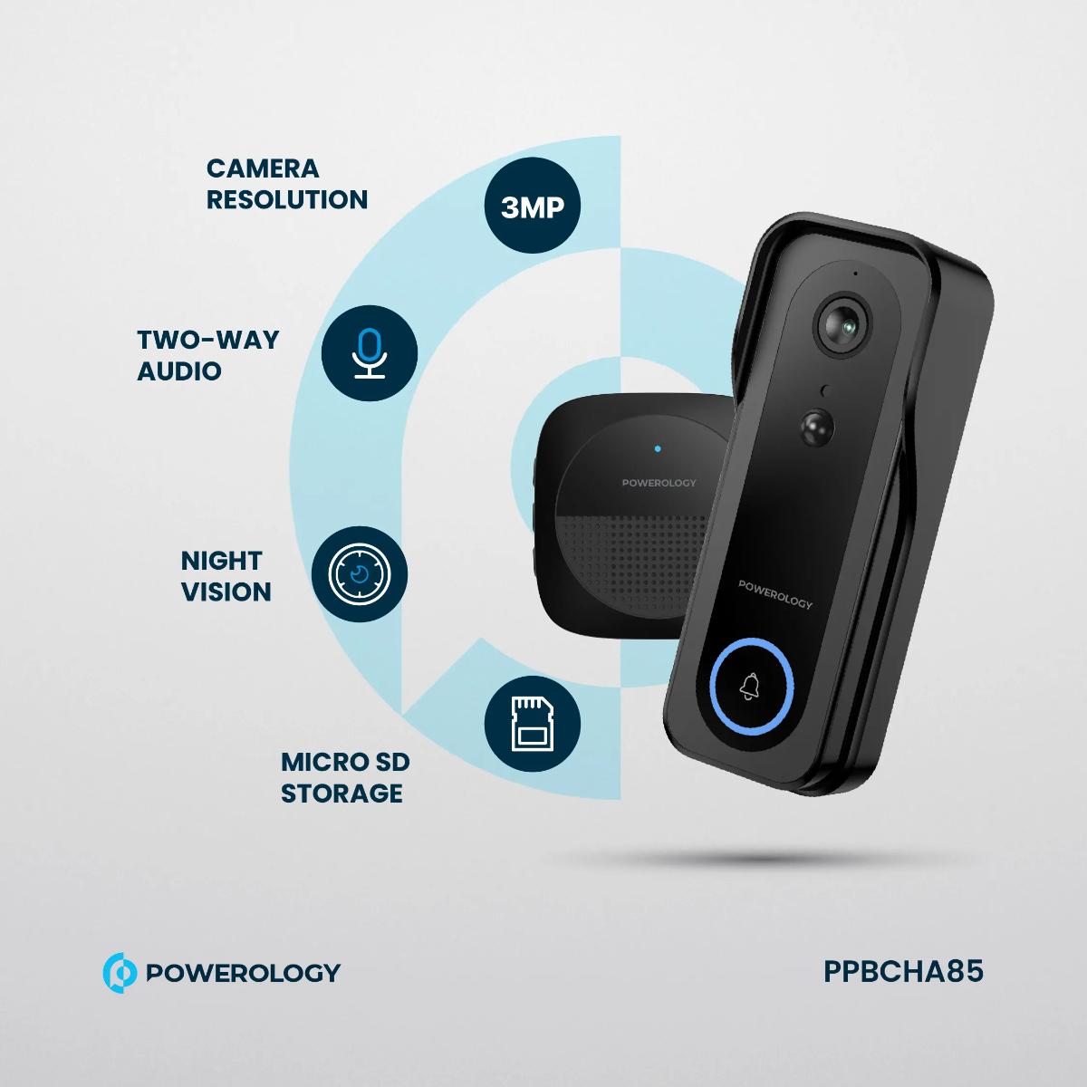 Powerology Smart WiFi Video Doorbell + Wireless Chime