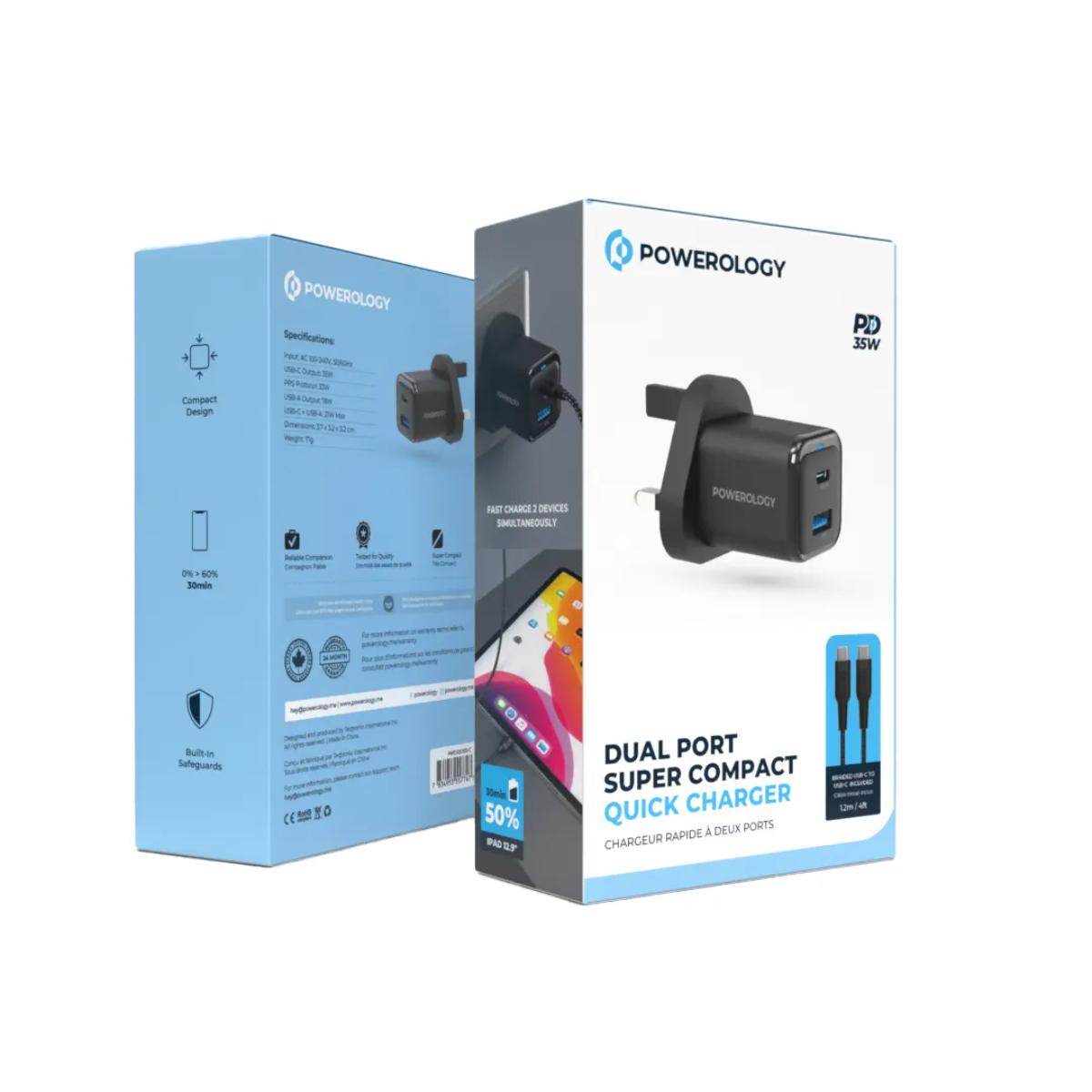 Powerology  Dual Port Compact Fast Charger + USB-C Cable