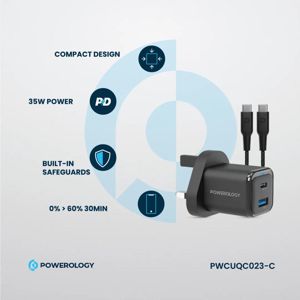 Powerology  Dual Port Compact Fast Charger + USB-C Cable