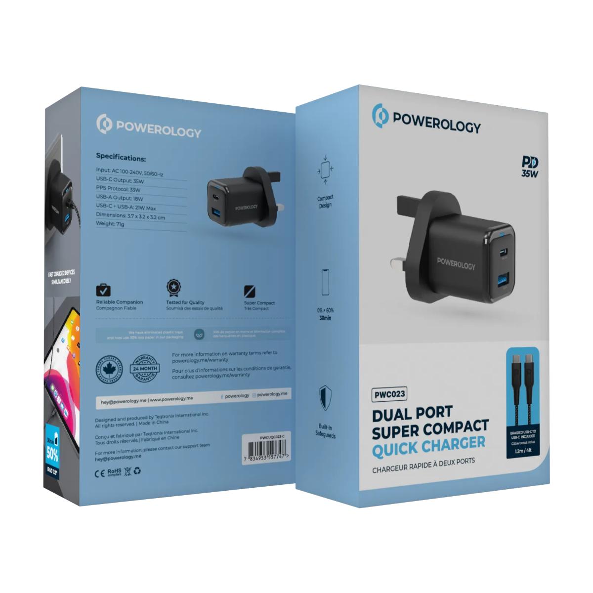 Powerology  Dual Port Compact Fast Charger + USB-C Cable
