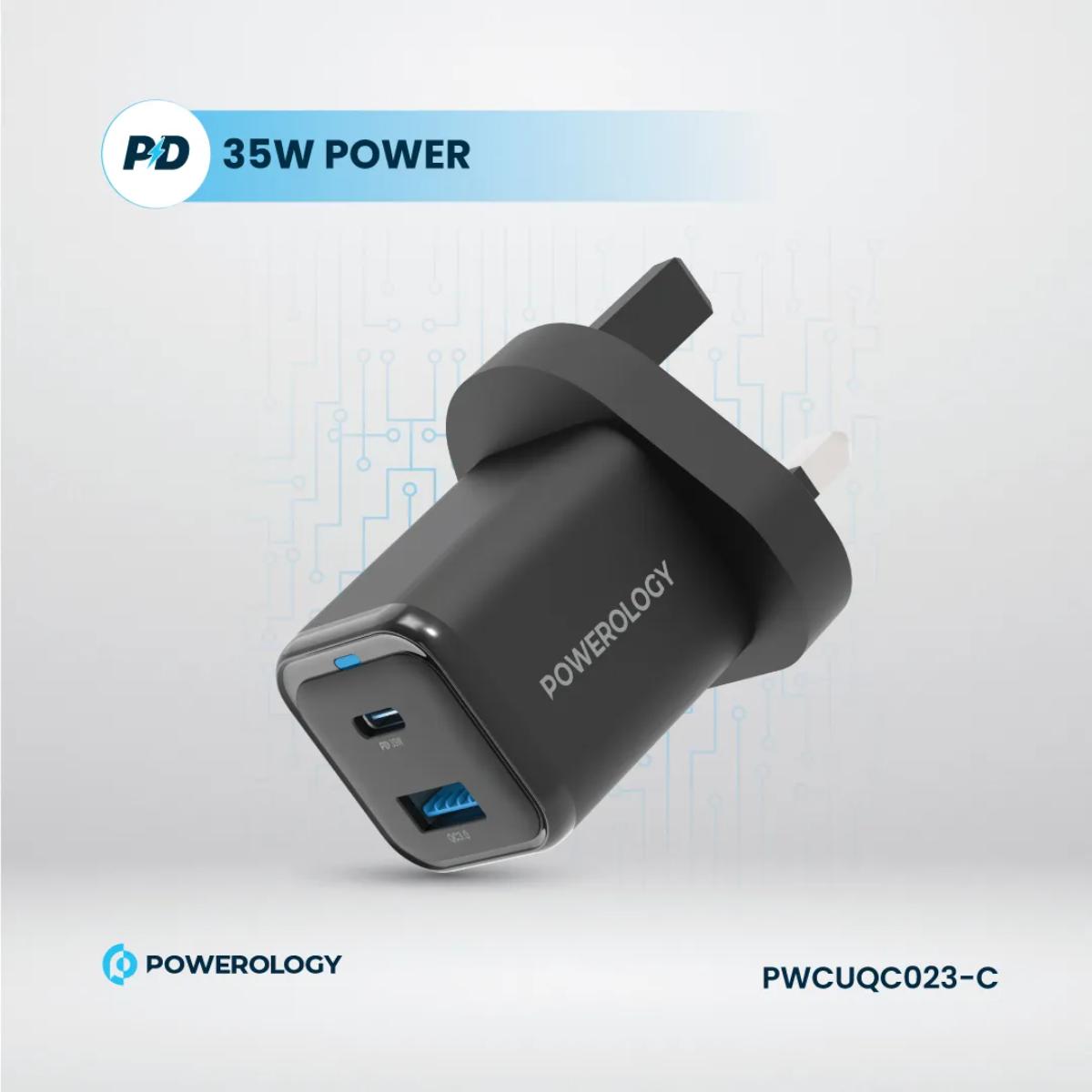 Powerology  Dual Port Compact Fast Charger + USB-C Cable