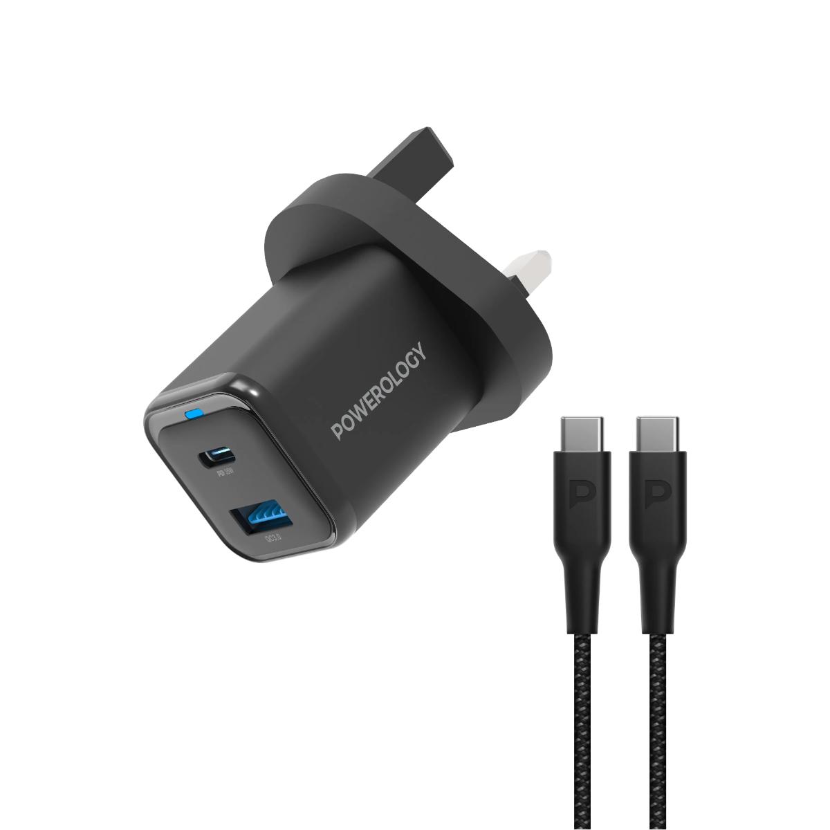 Powerology  Dual Port Compact Fast Charger + USB-C Cable