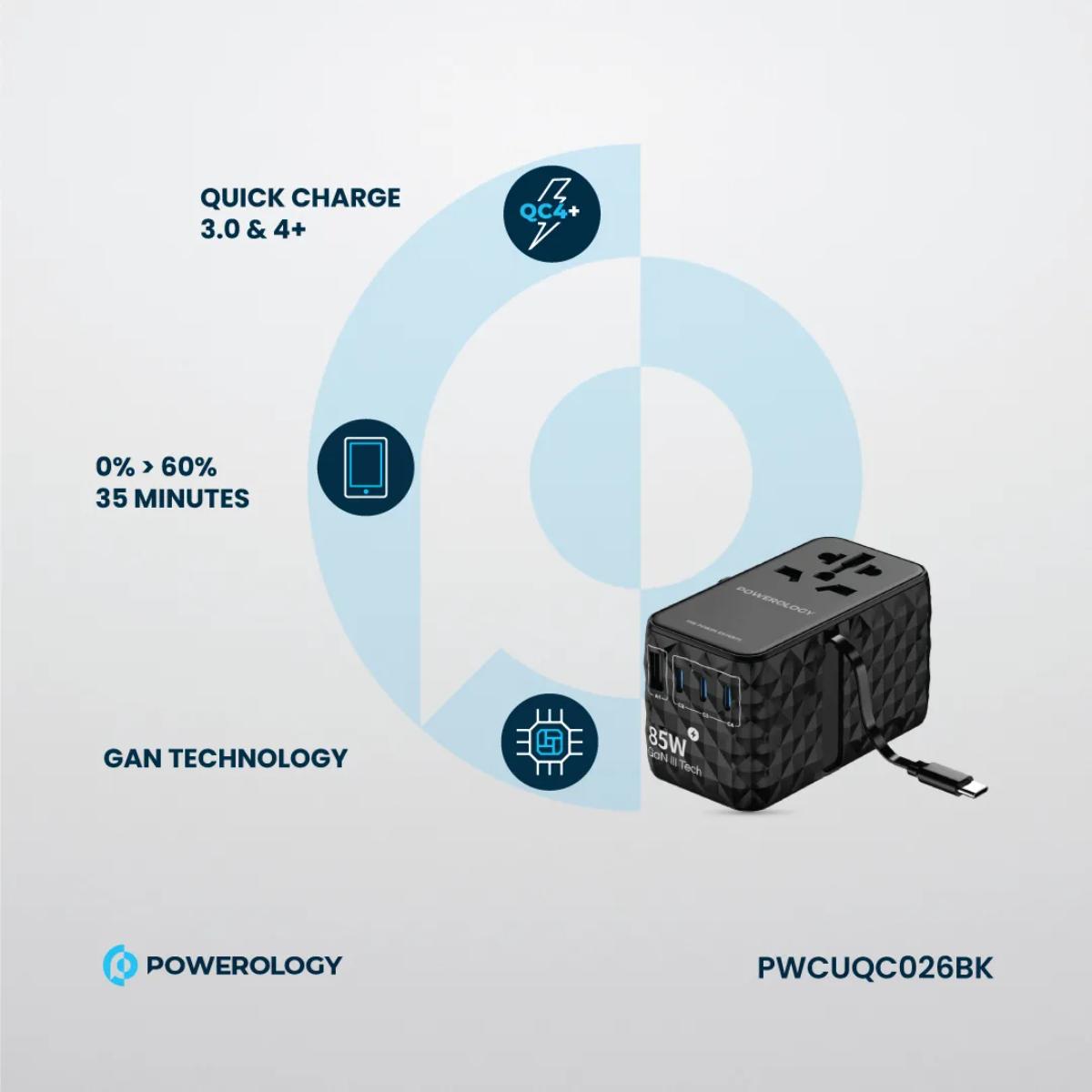 Powerology 85W Universal GaN Travel Charger
