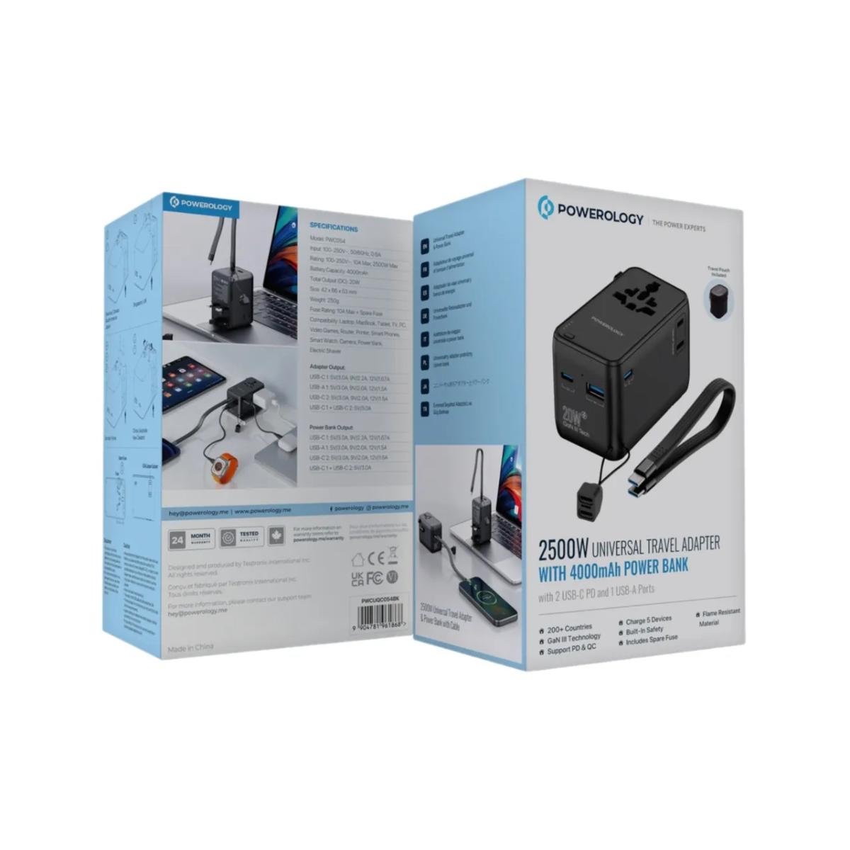 Powerology 2500W Universal Travel Adapter & Power Bank