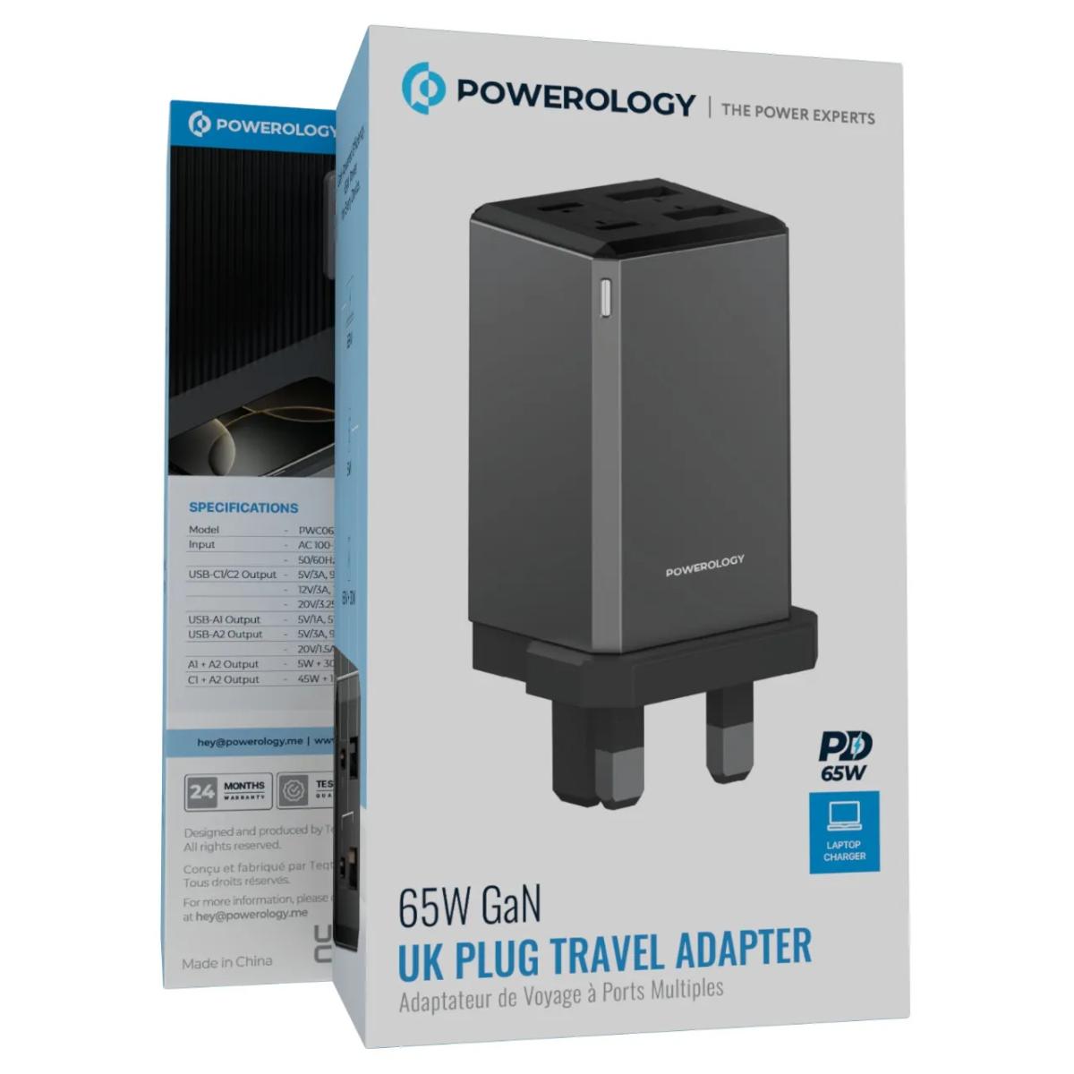 Powerology 65W GaN UK Plug Travel Adapter