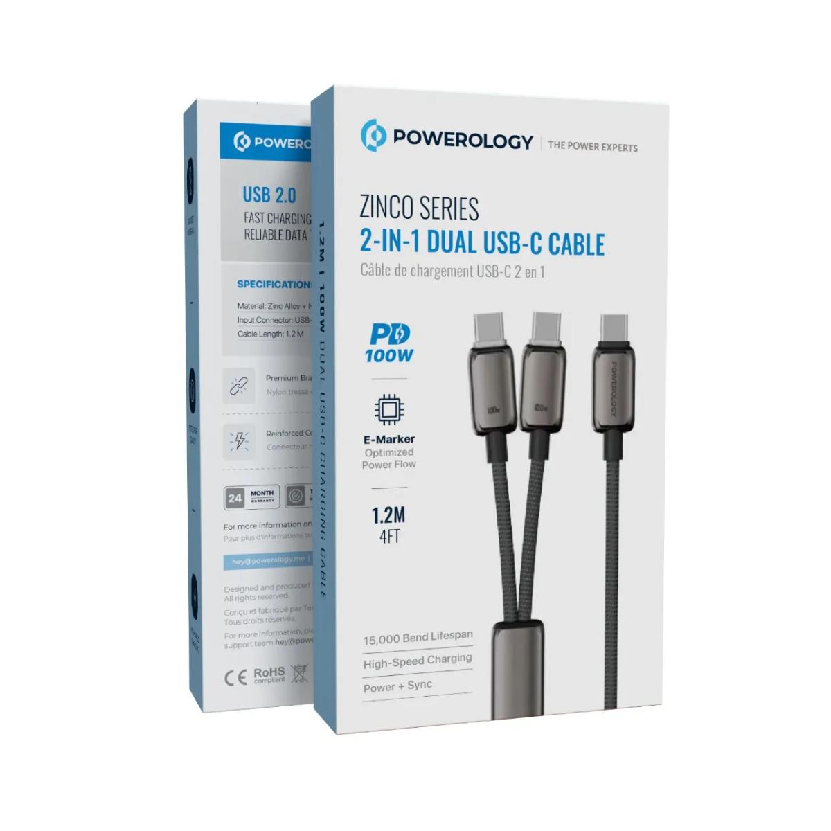 Powerology Zinco Series 2-IN-1 Dual USB-C Cable