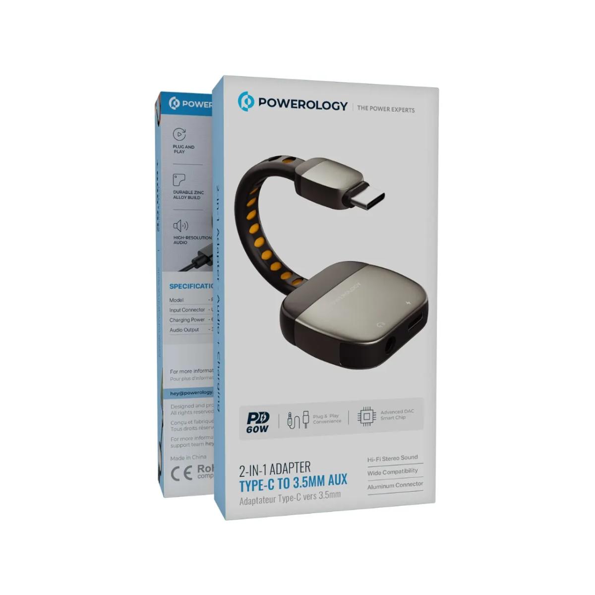 Powerology 2-in-1 USB-C Aux & PD 60W Charger Adapter
