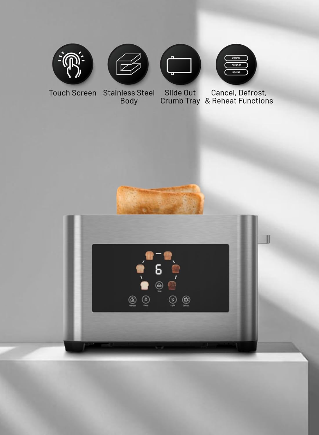 2-Slice Digital Pop-Up Bread Toaster with Smart memory 850W by Porodo