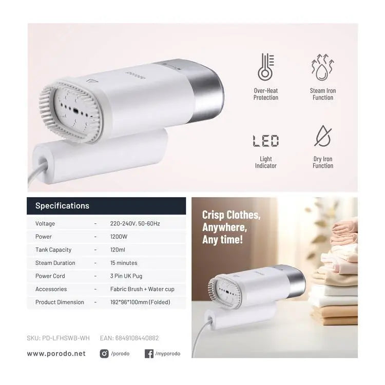 Mini Foldable Steamer 1200W with Fabric Brush by Porodo