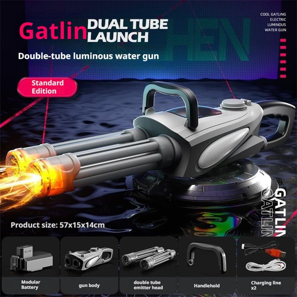 Rotary Barrel Water Gun with LED Light & Modular Battery