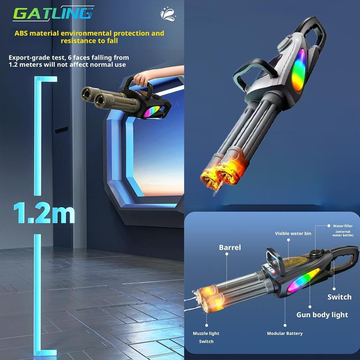Rotary Barrel Water Gun with LED Light & Modular Battery
