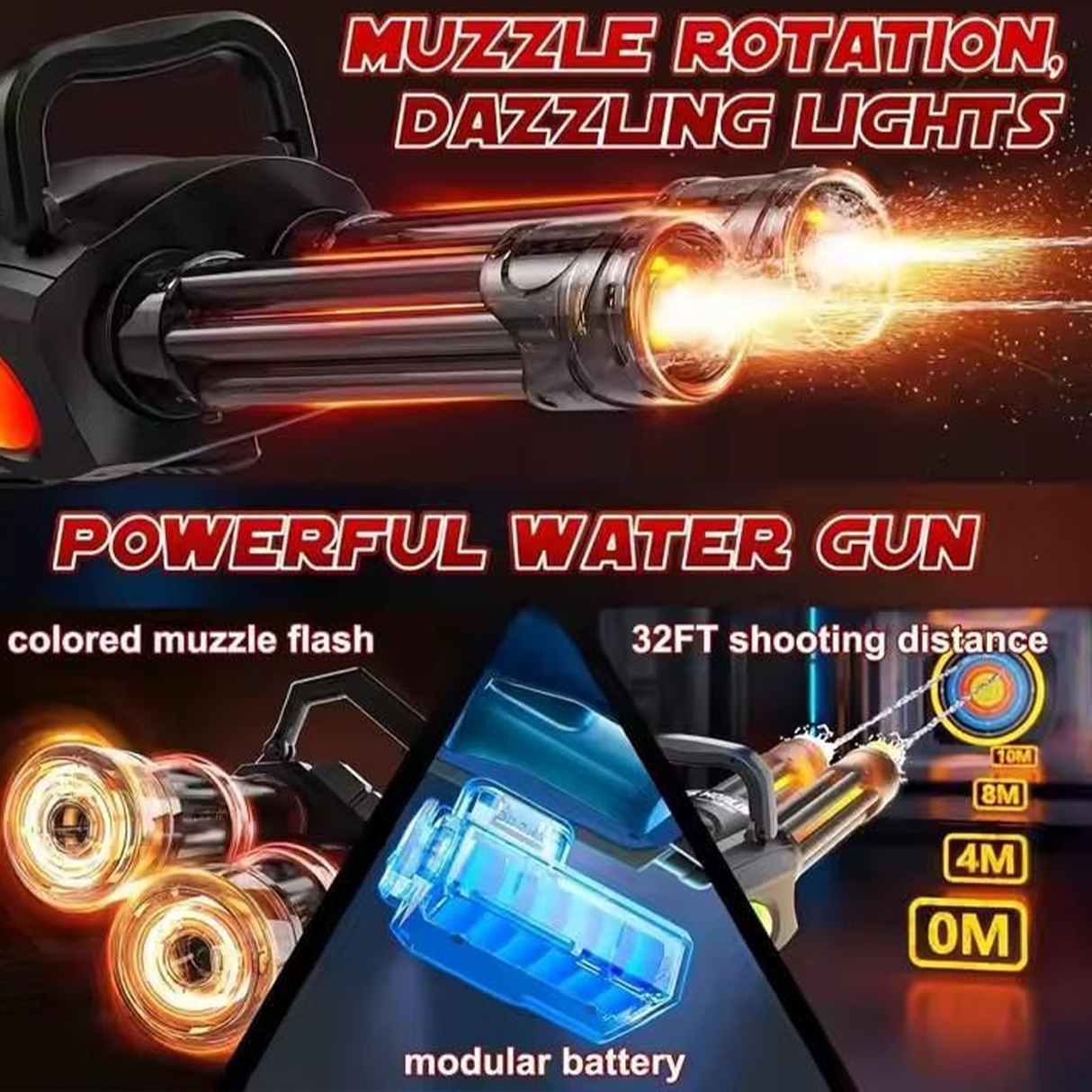 Rotary Barrel Water Gun with LED Light & Modular Battery