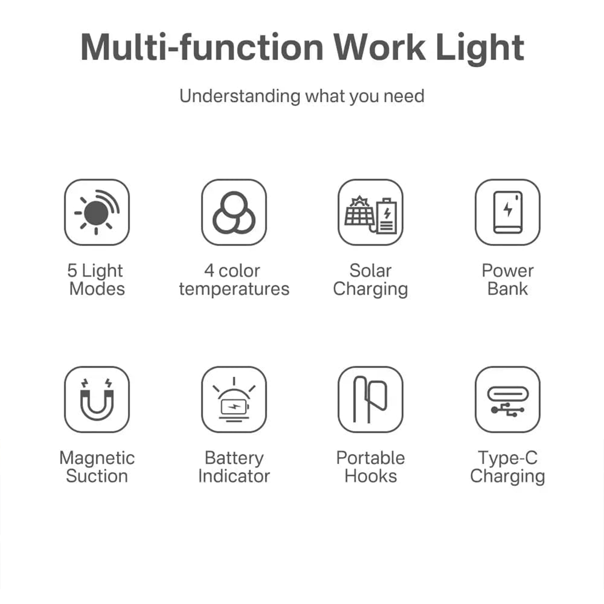 Solar Work Light Type-C with Hook & Magnetic Base – Multi-Function LED