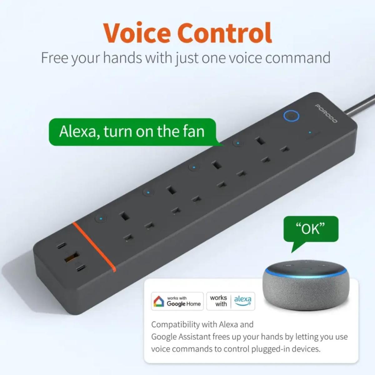 Porodo Chargelink Smart Wi-Fi Power Strip (UK Plug)