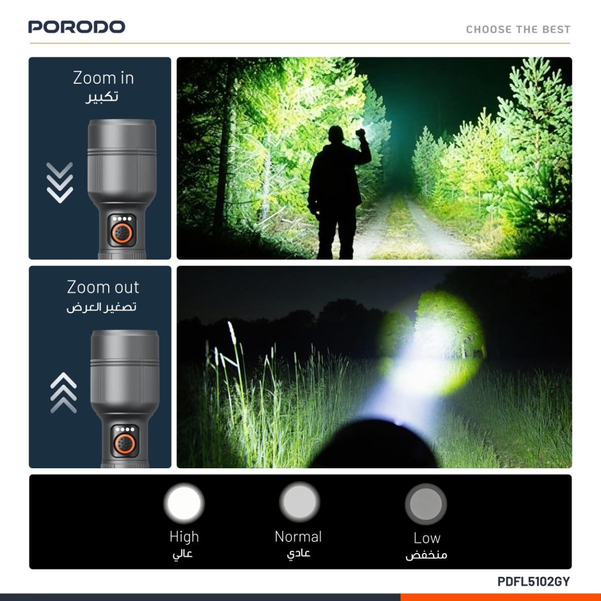 Porodo Lumalite 2500LM Rechargeable Ultra-Bright Flashlight