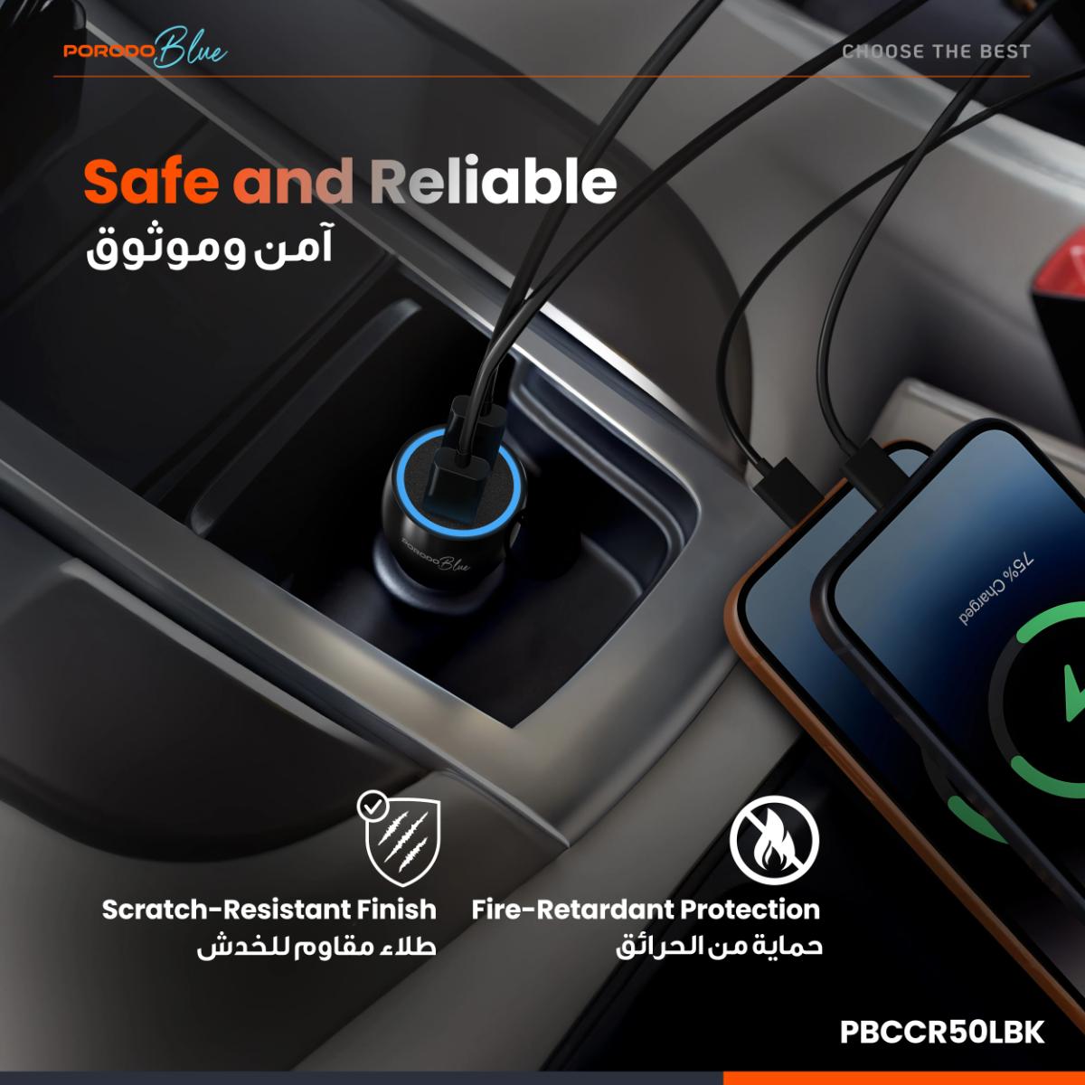 Porodo Blue RIVA 60W Dual USB-C Car Charger with Cable