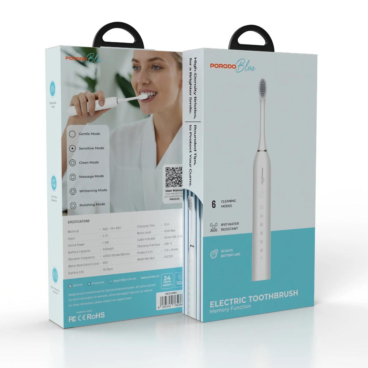 Porodo Blue Electric Toothbrush Memory Function