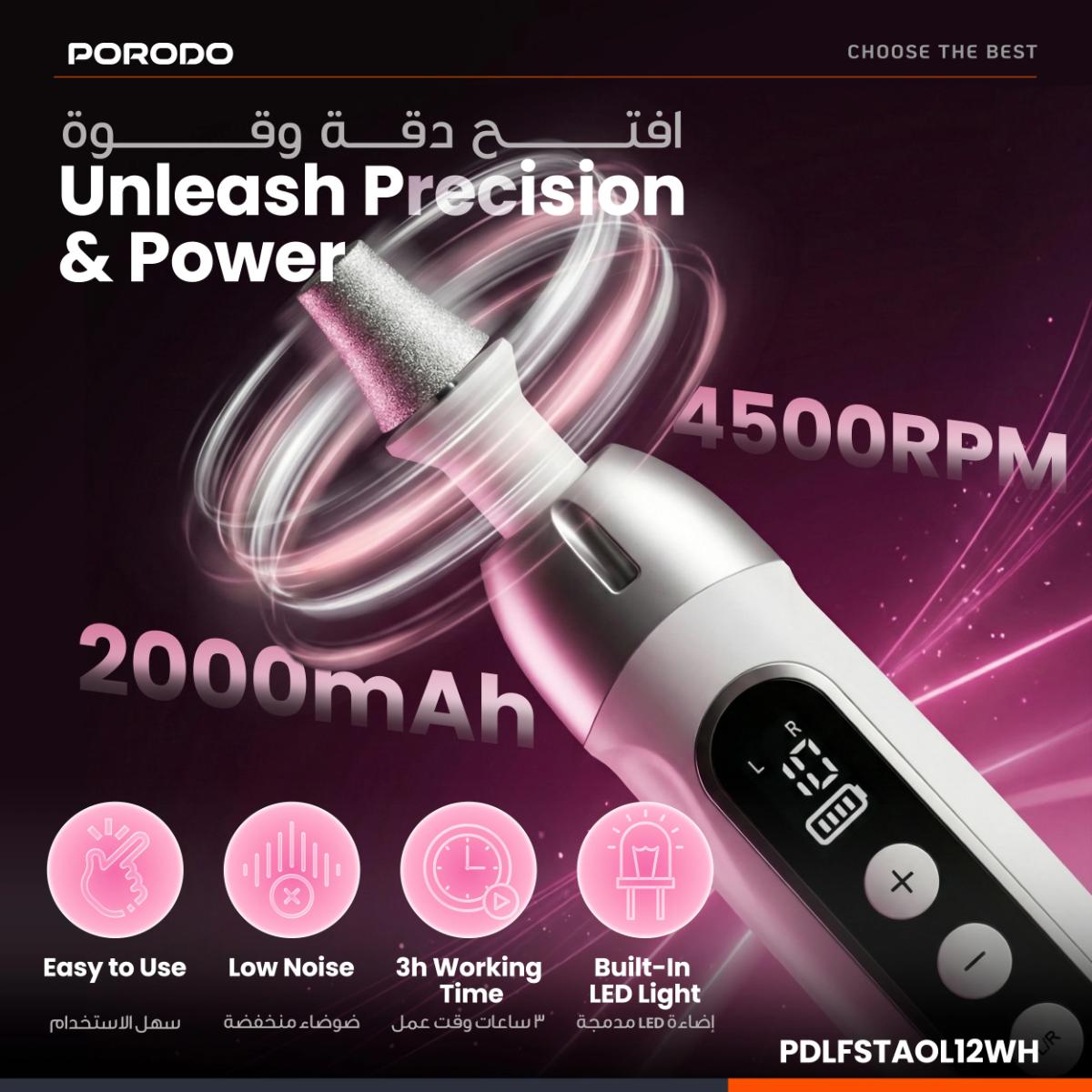 Porodo 8-IN-1  Rechargeable Electric Nail Drill