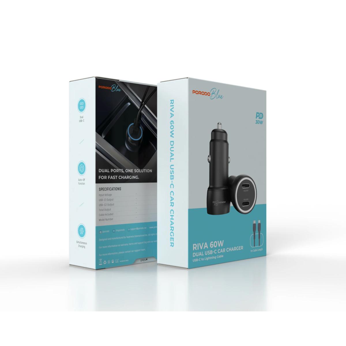 Porodo RIVA 60W Dual USB-C Car Charger & Lightning Cable