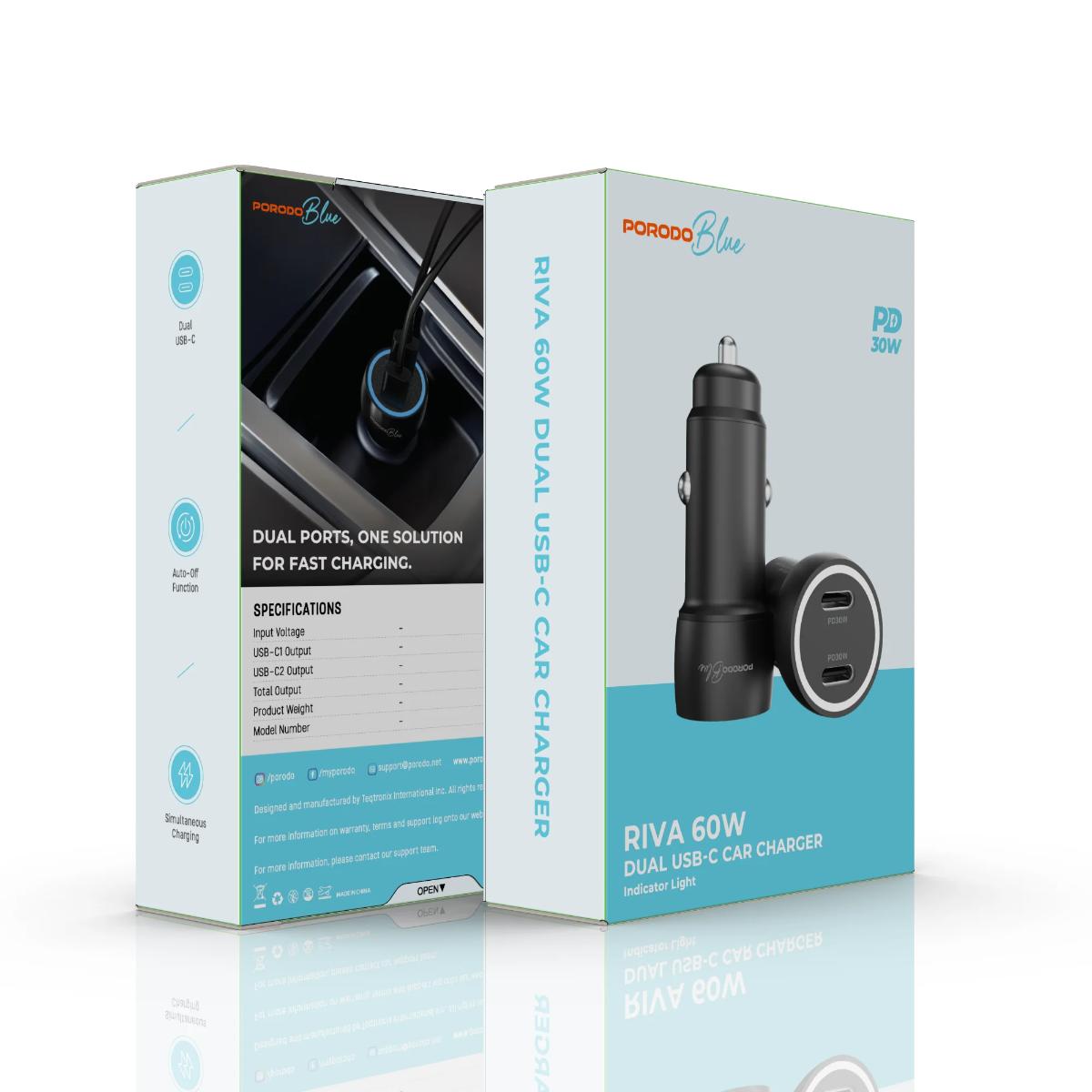 Porodo Blue RIVA 60W Dual USB-C Car Charger
