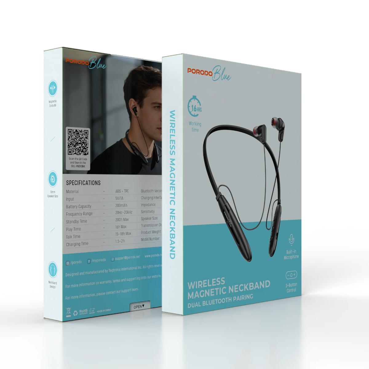 Porodo Blue Wireless Magnetic Neckband Headphones