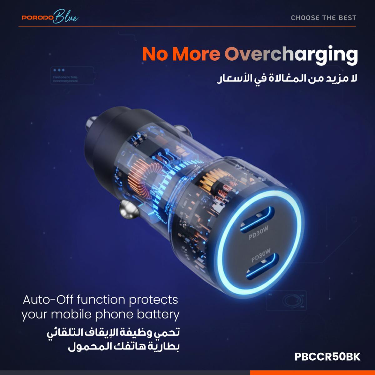 Porodo Blue RIVA 60W Dual USB-C Car Charger