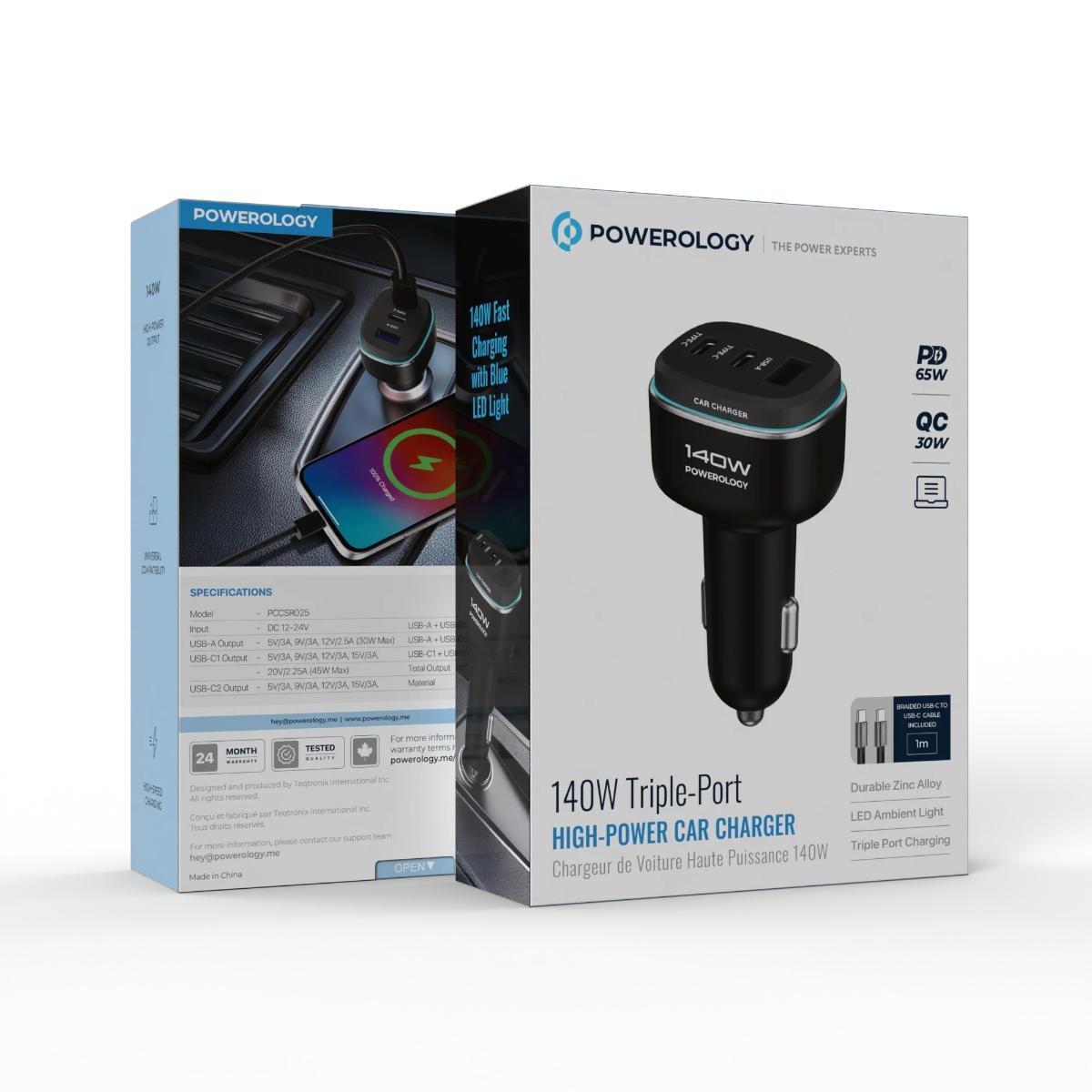 Powerology 140W Triple-Port USB-C Car Charger with Cable